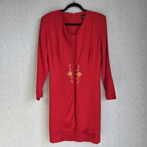 Vtg Tori Alexander Dress L Red Embroidered Layered Long Sleeve Knee Length Retro